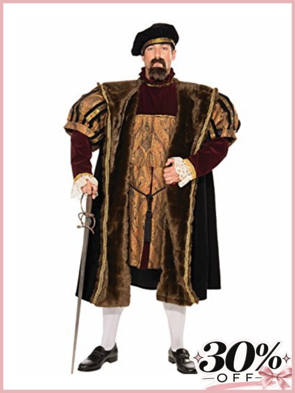 Deluxe 3-Piece King Henry VIII Costume Men's XXL Faux Fur Coat Hat Tunic